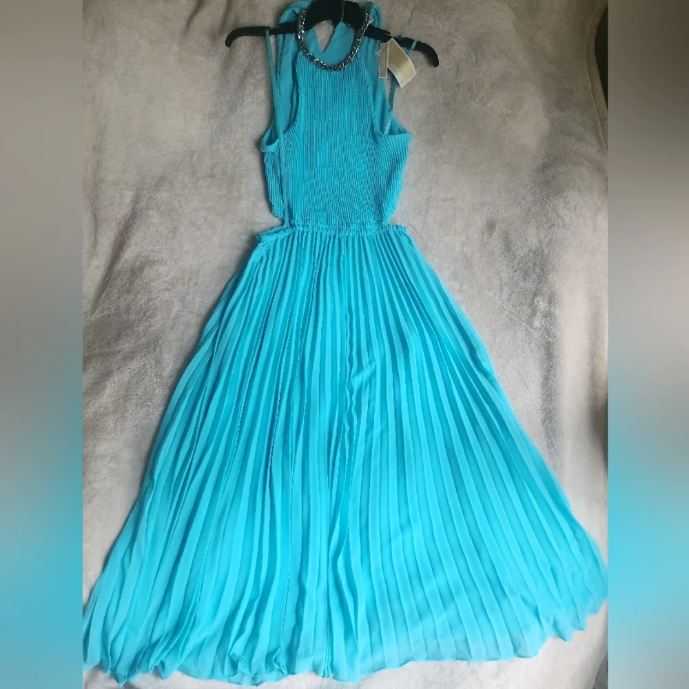 Michael Kors Halter Neck Pleated Cut-out Midi Dress turquoise Sz M & L…